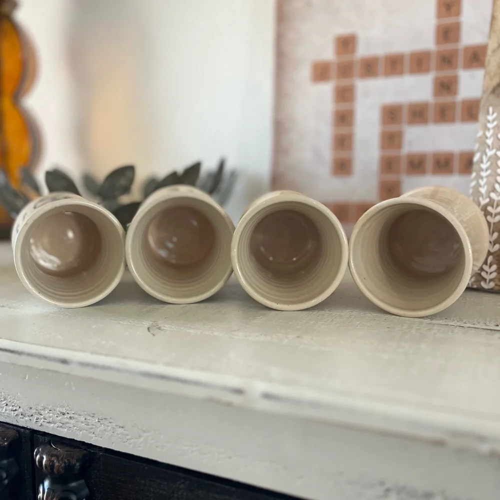 Rare Set of 4 Handmade Pottery Cups Mugs Solid Heavy Blue Folk Art Ichthys Symbo